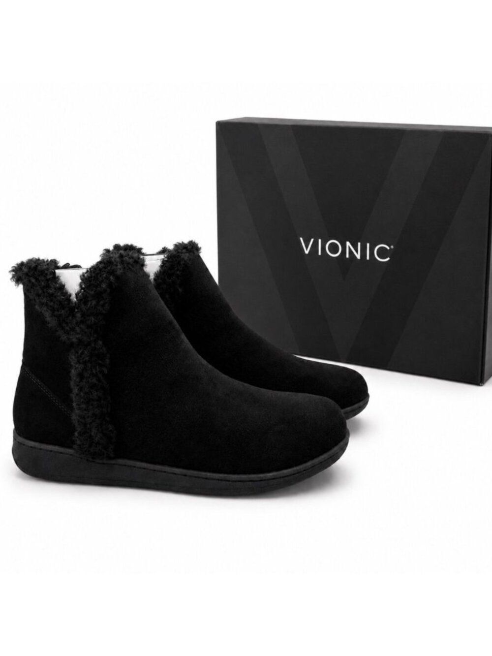 Vionic Unwind Supportive Bootie Womens 11 Black Faux Fur Arch Support Ankle Boot